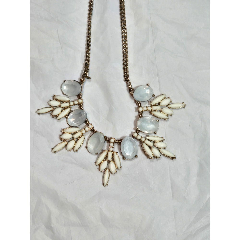 Ivory White Gold Tone Leaf Bib Statement Necklace Floral Rhinestone
